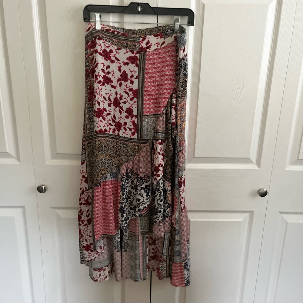 Kori Asymmetrical Patchwork Maxi Skirt in Red, Pink, Cream